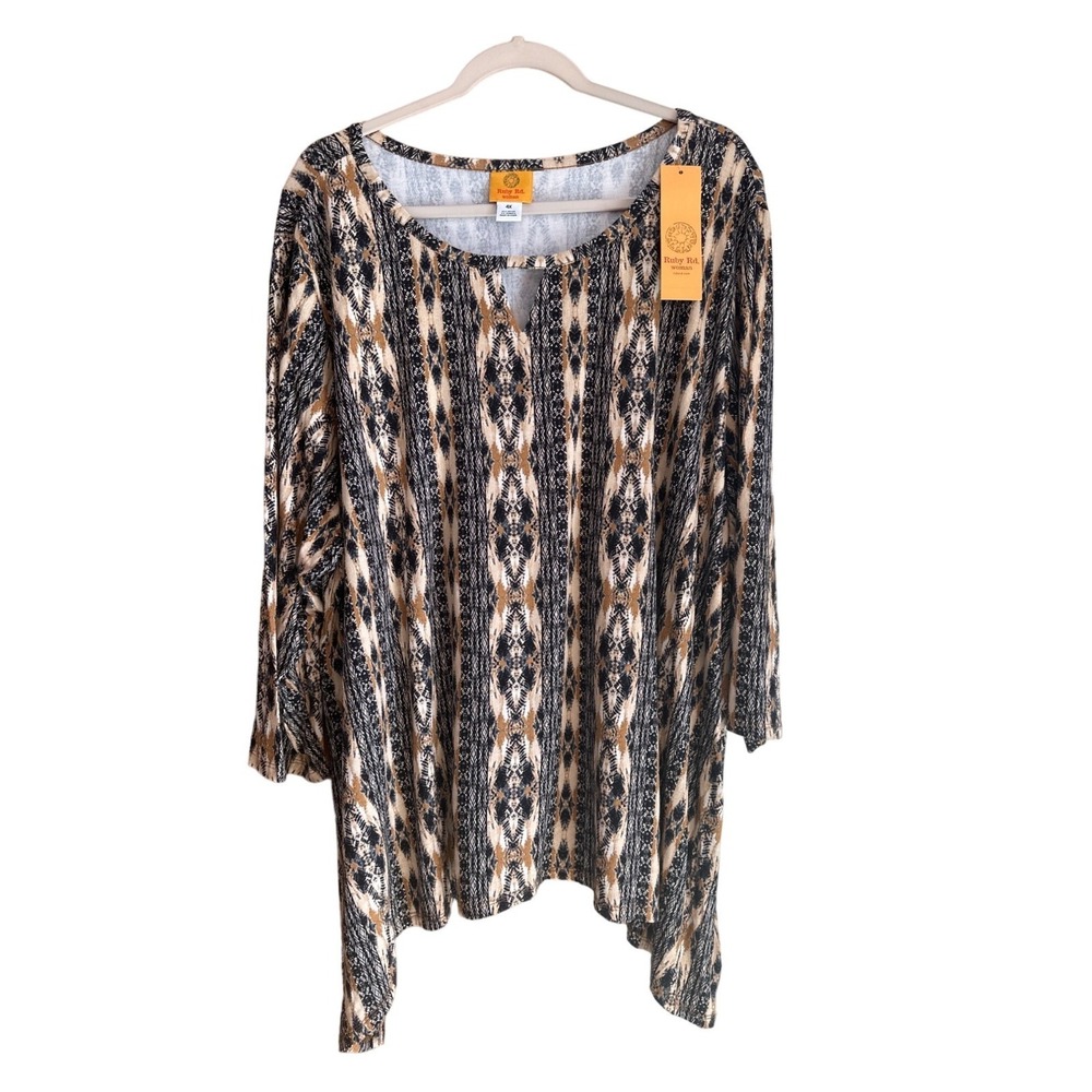 Ruby‎ Rd 4X Black Abstract Scoop Neck Keyhole Top 3/4 Sleeve Stylish Casual Top